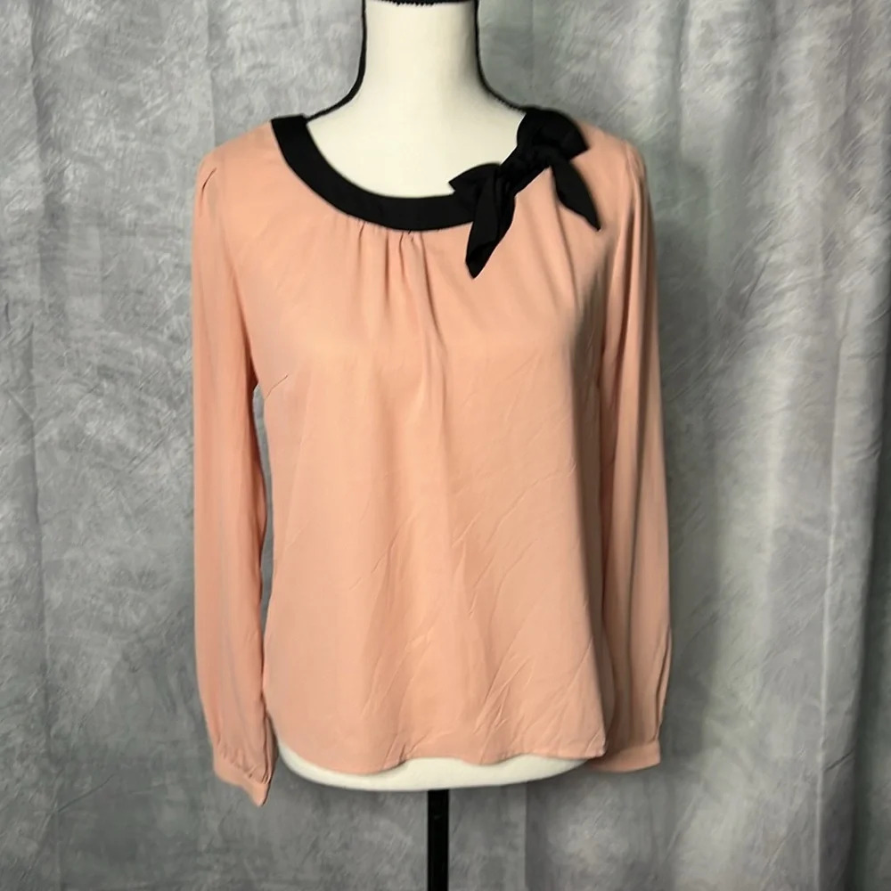 One Clothing Peach & Black Blouse with Bow Detail - Sz SM